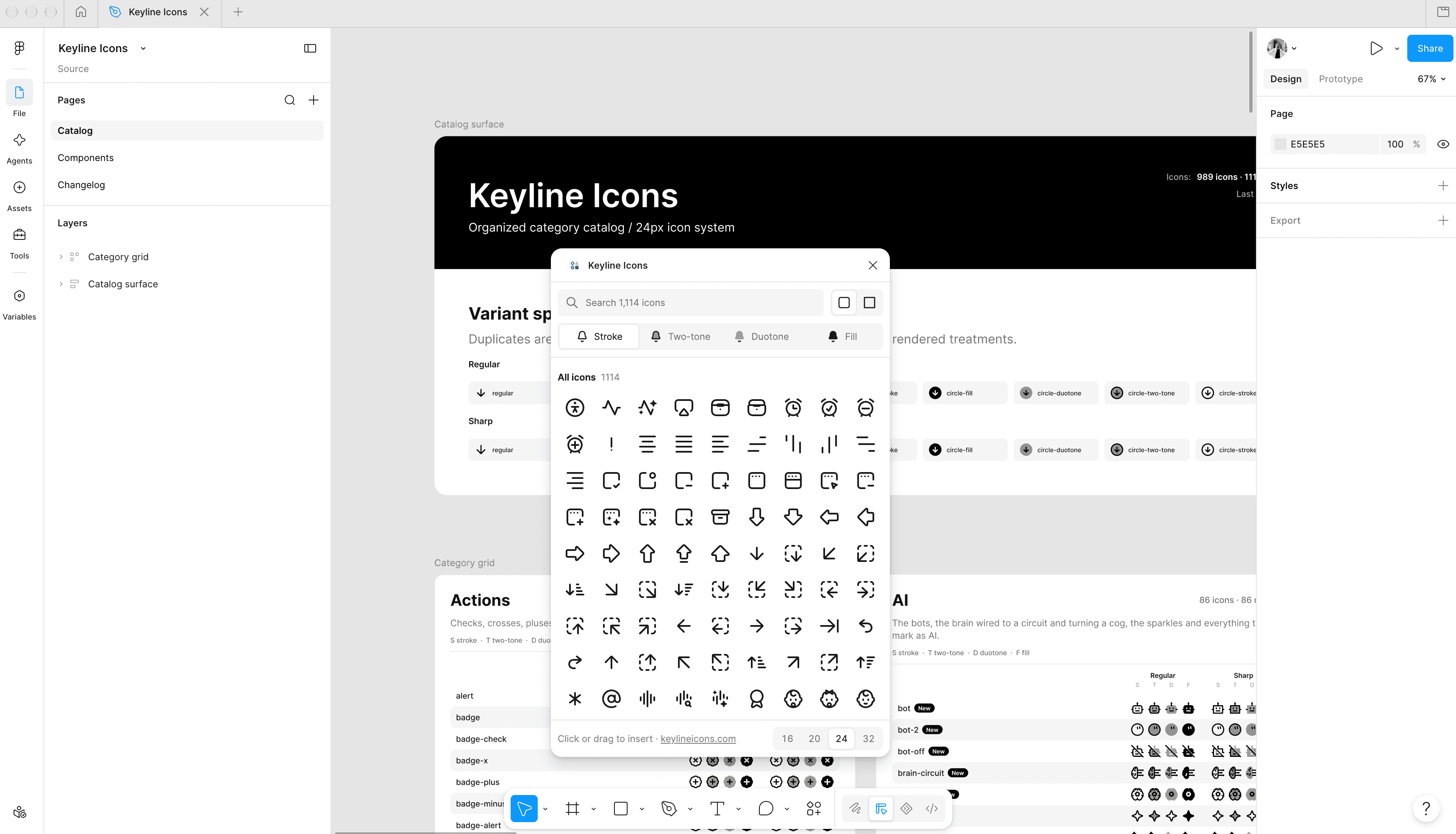 The Keyline Icons plugin open in Figma: a panel floating over the catalogue with a search field beside a rounded and sharp toggle, a Stroke, Two-tone, Duotone and Fill switch, a grid of the whole set and a row of insert sizes, with the library file's own Catalog page behind it.