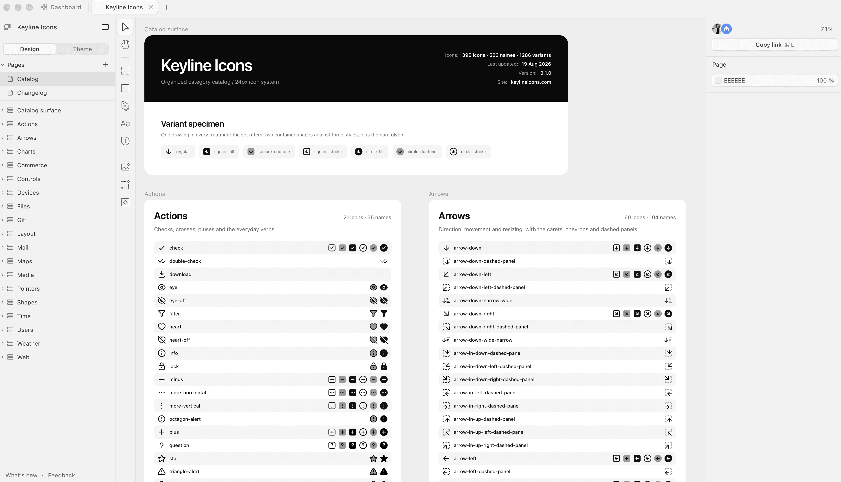 The Keyline Icons file open in Paper: a Catalog page whose cover states the totals, then one board per category listing its icons by name with each icon's containered and filled forms beside it, and a layer tree down the left naming every category and drawing.