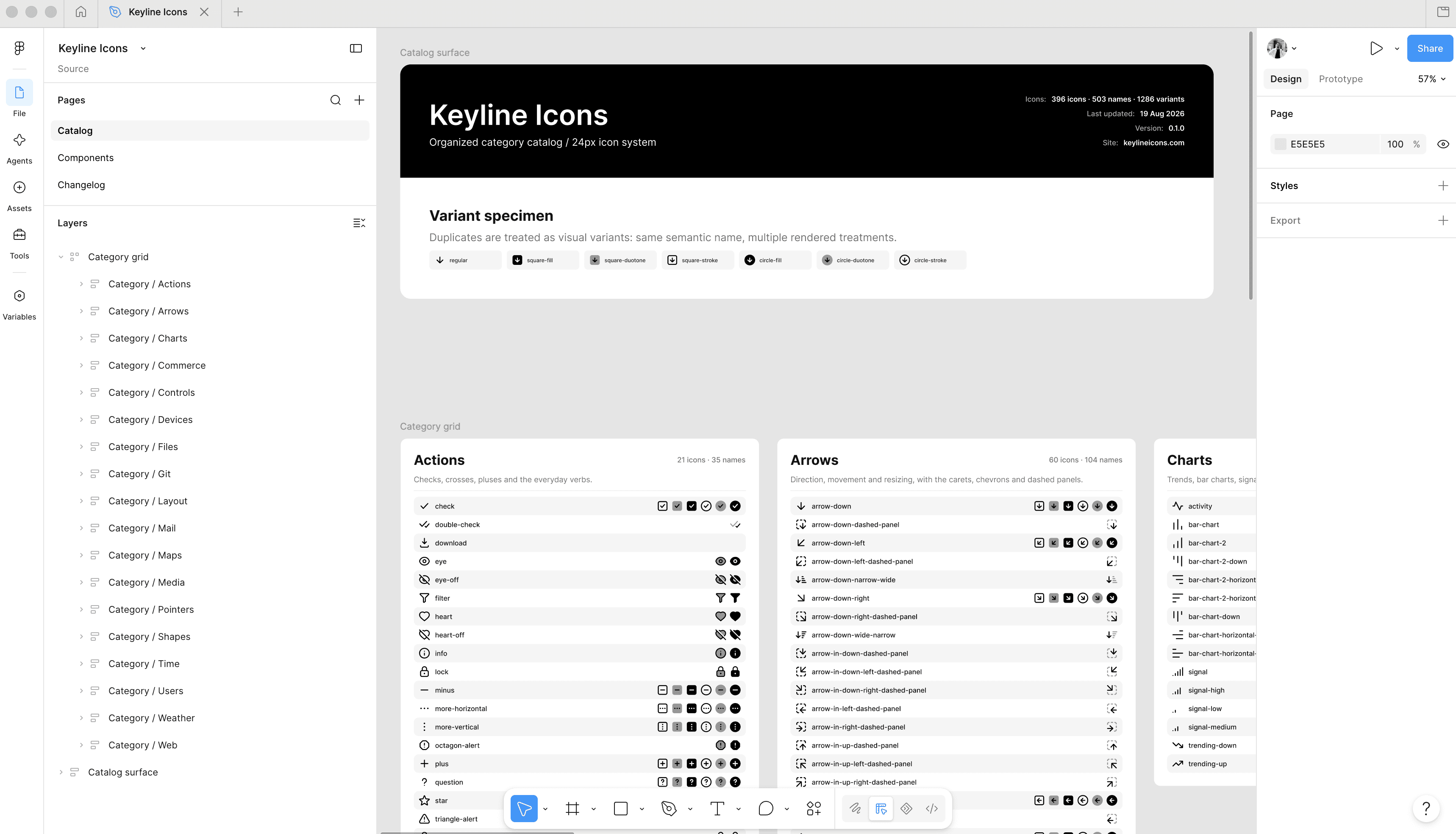 The Keyline Icons file open in Figma: a Catalog page of category boards, each listing its icons by name, with the layer tree beside it showing one component set per drawing.